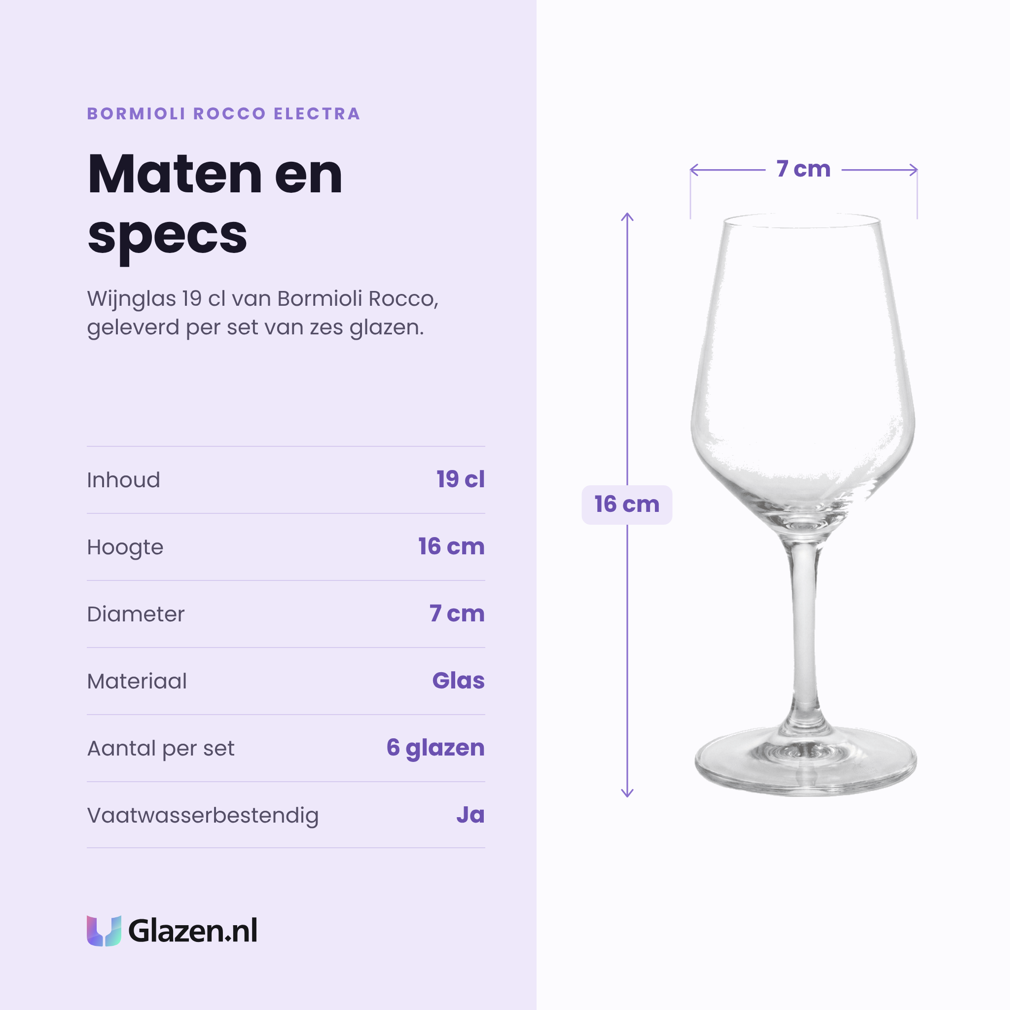 Bormioli Rocco Electra wijnglas 19 cl specificaties: inhoud 19 cl, hoogte 16 cm, diameter 7 cm, glas, set van 6