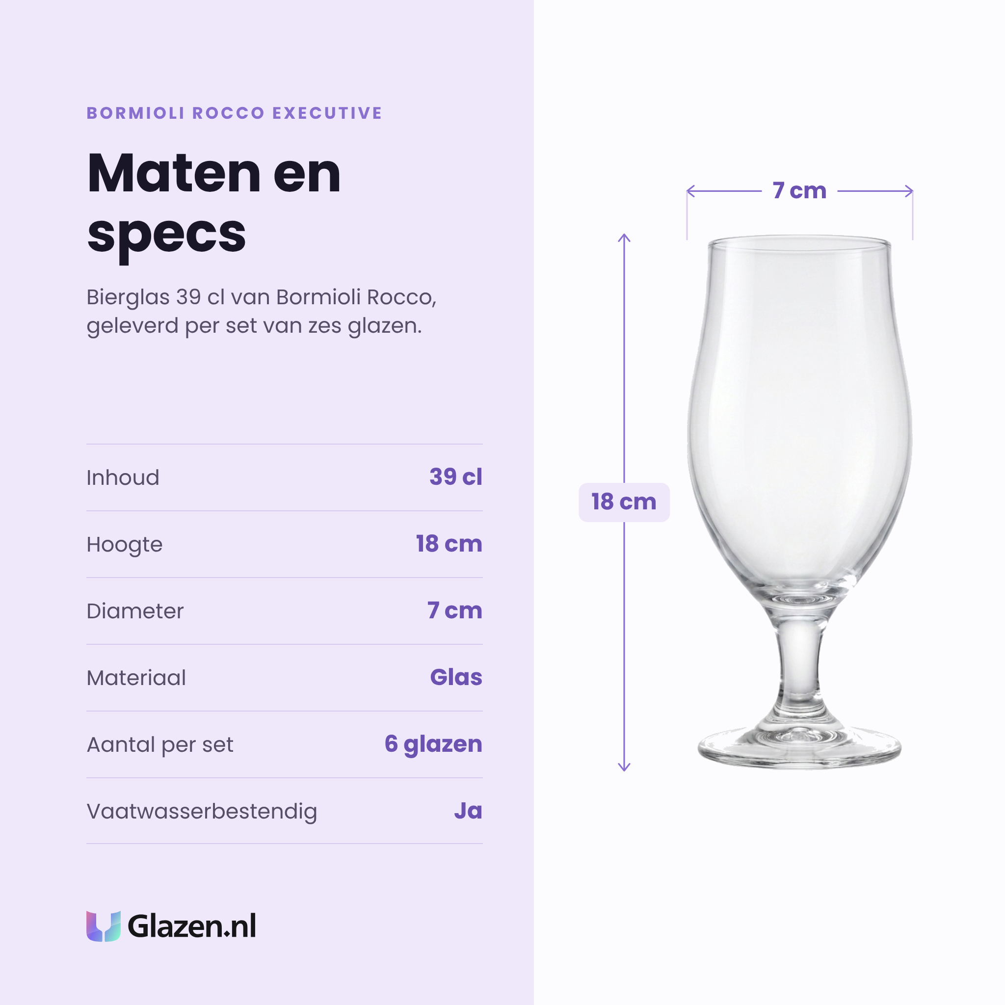 Bormioli Rocco Executive bierglas 39 cl specificaties: inhoud 39 cl, hoogte 18 cm, diameter 7 cm, glas, set van 6