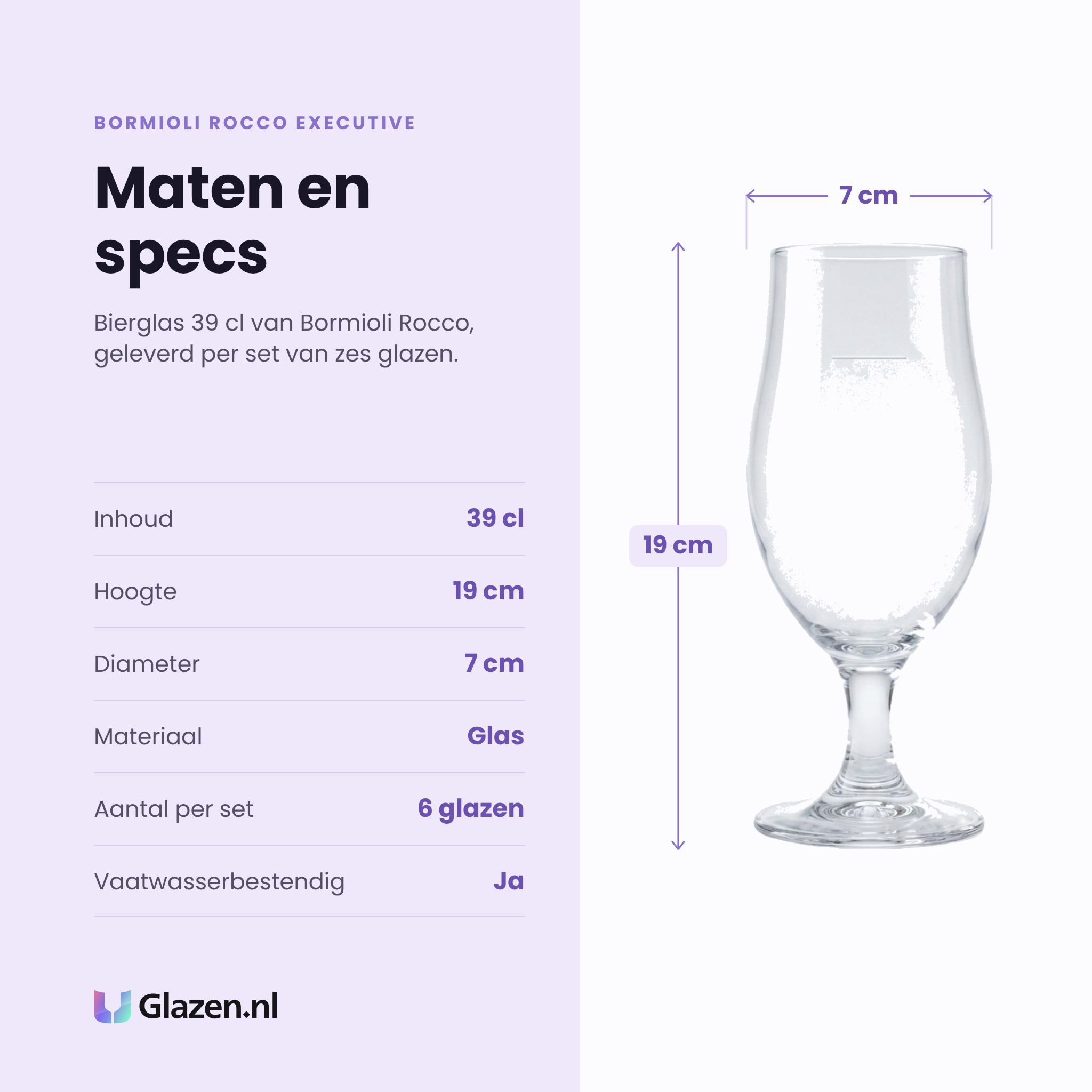 Bormioli Rocco Executive bierglas 39 cl specificaties: inhoud 39 cl, hoogte 19 cm, diameter 7 cm, glas, set van 6
