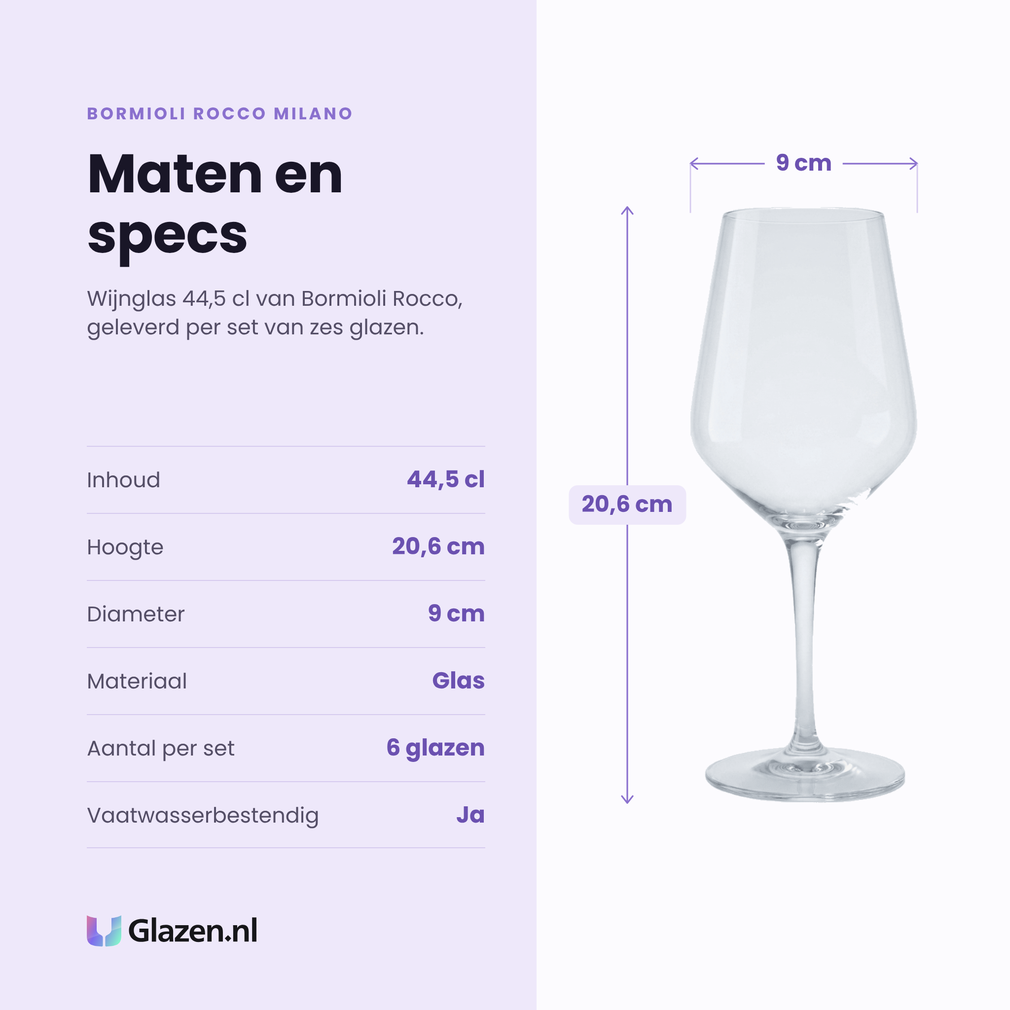 Bormioli Rocco Milano wijnglas 44,5 cl specificaties: inhoud 44,5 cl, hoogte 20,6 cm, diameter 9 cm, glas, set van 6