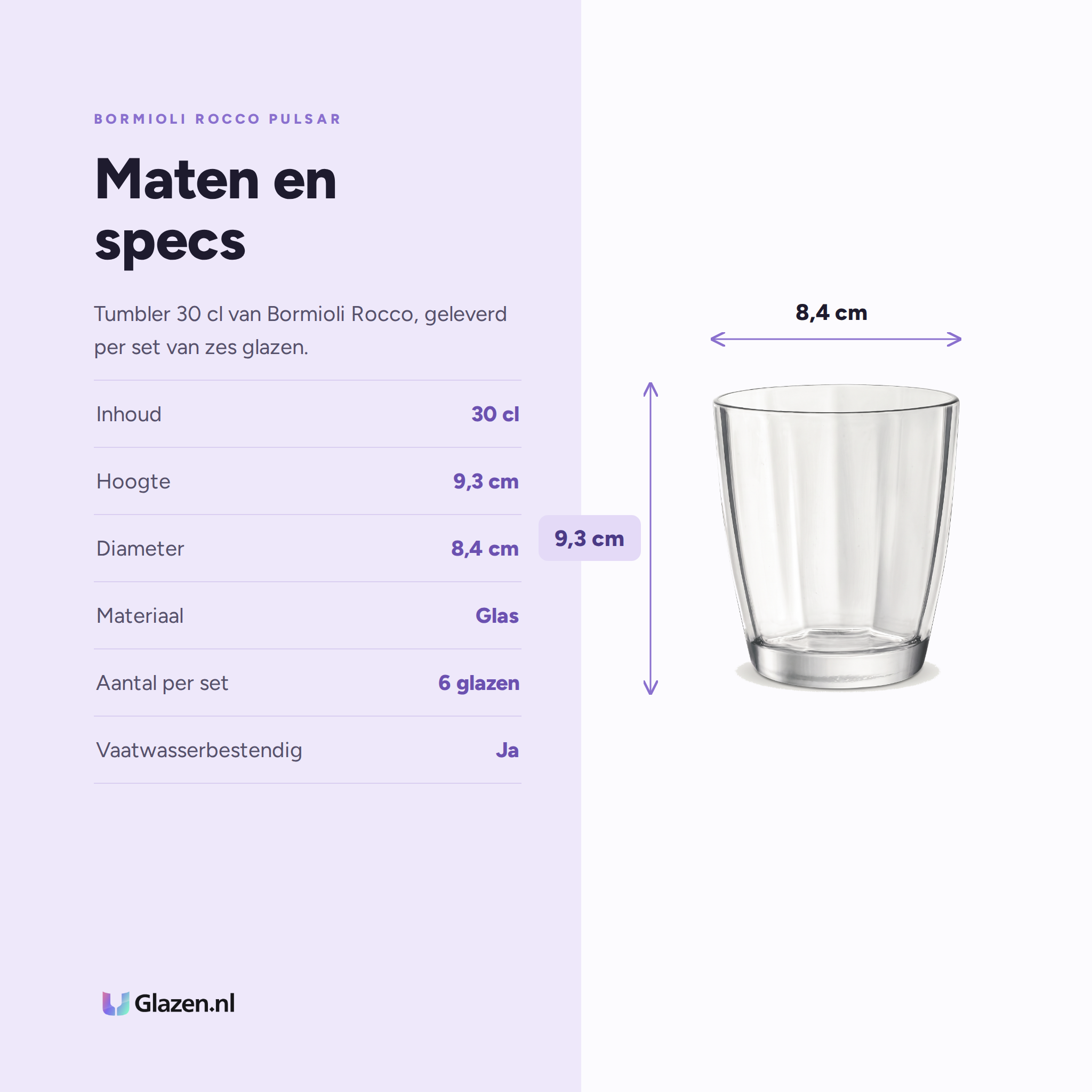Bormioli Rocco Pulsar Tumbler 30 Cl specificaties: inhoud 30 cl, hoogte 9,3 cm, diameter 8,4 cm, materiaal Glas, aantal per set 6 glazen, vaatwasserbestendig Ja