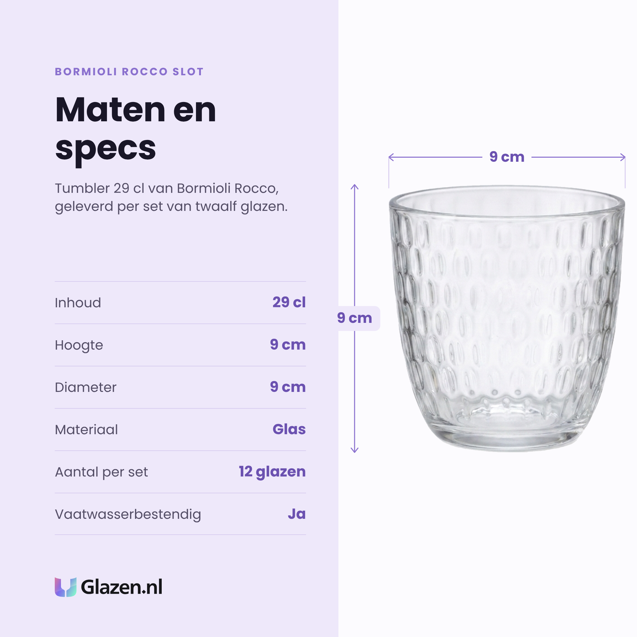 Bormioli Rocco Slot tumbler 29 cl specificaties: inhoud 29 cl, hoogte 9 cm, diameter 9 cm, glas, set van 12