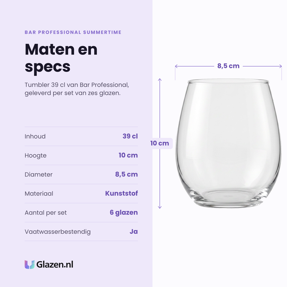 Bar Professional Summertime tumbler kunststof 39 cl specificaties: inhoud 39 cl, hoogte 10 cm, diameter 8,5 cm, kunststof, set van 6