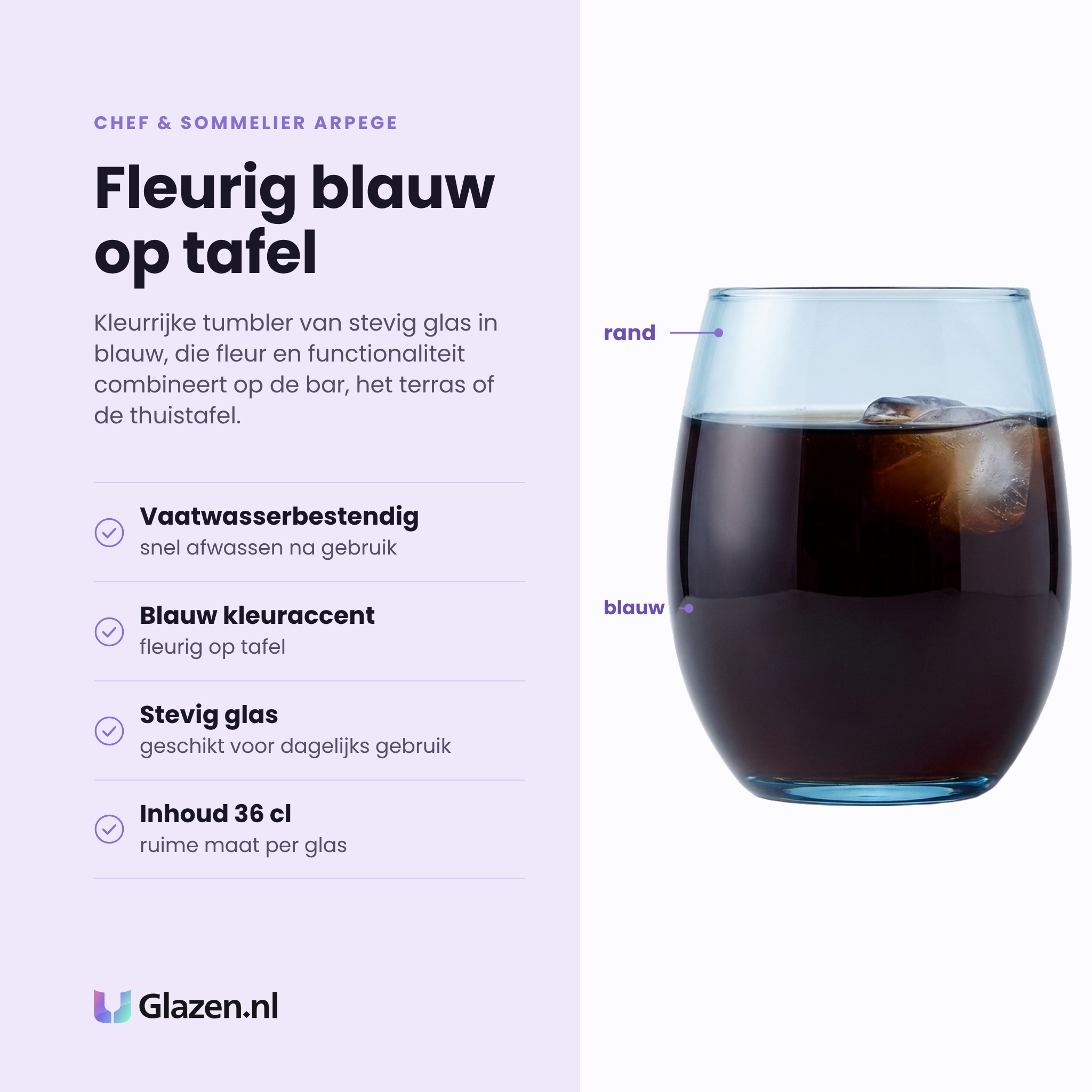 Chef & Sommelier Arpege tumbler 36 cl eigenschappen: blauw kleuraccent, stevig glas, inhoud 36 cl, vaatwasserbestendig