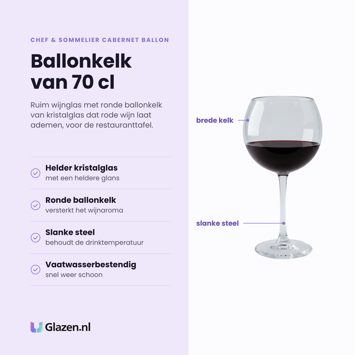 Chef & Sommelier Cabernet Ballon wijnglas 70 cl eigenschappen: helder kristalglas, ronde ballonkelk versterkt wijnaroma, slanke steel behoudt drinktemperatuur, vaatwasserbestendig