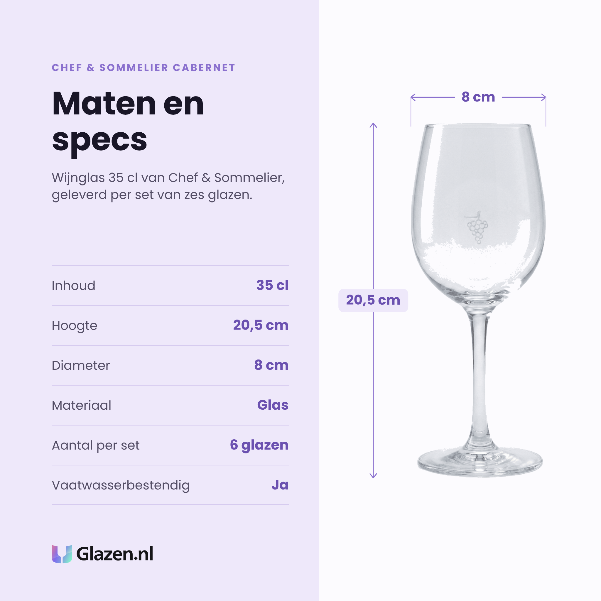 Chef & Sommelier Cabernet wijnglas 35 cl specificaties: inhoud 35 cl, hoogte 20,5 cm, diameter 8 cm, glas, set van 6