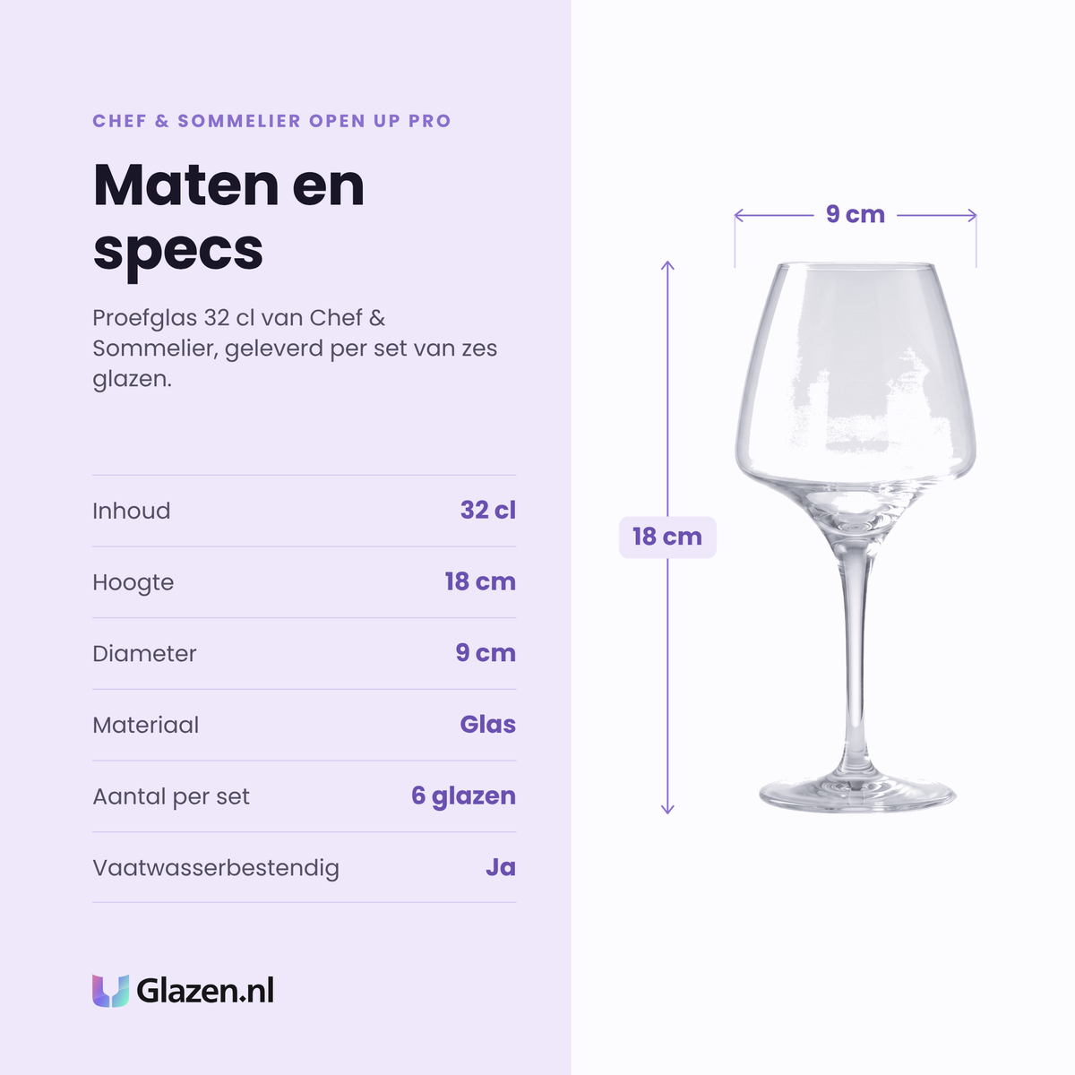 Chef & Sommelier Open Up Pro proefglas 32 cl specificaties: inhoud 32 cl, hoogte 18 cm, diameter 9 cm, glas, set van 6