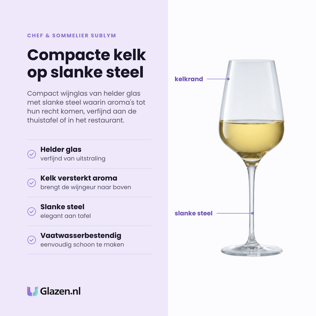 Chef & Sommelier Sublym wijnglas 25 cl eigenschappen: helder glas, kelk versterkt aroma, slanke steel, vaatwasserbestendig