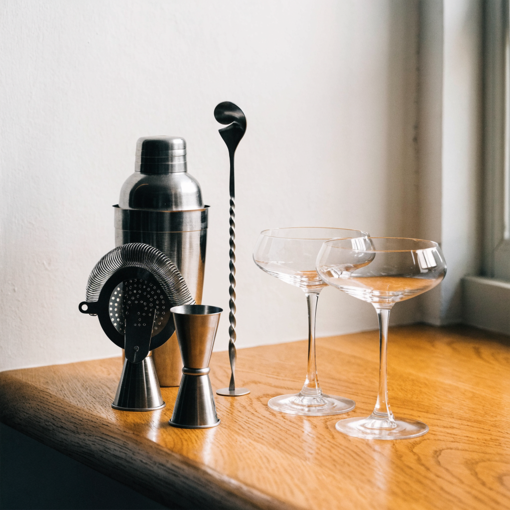 Shakerset met cocktailzeef, jigger en barlepel op een bartop - Glazen.nl