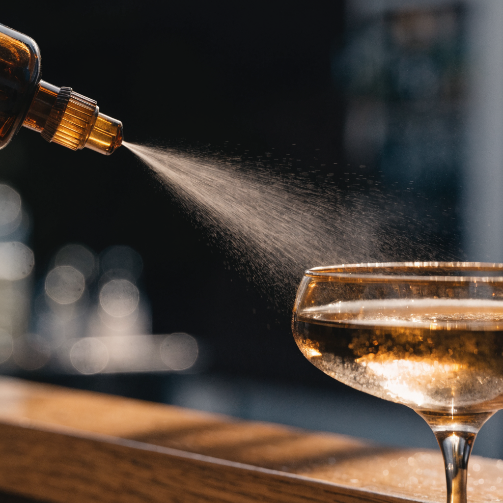 Close-up van een sproeikop die een fijne nevel boven een glas verspreidt - Glazen.nl
