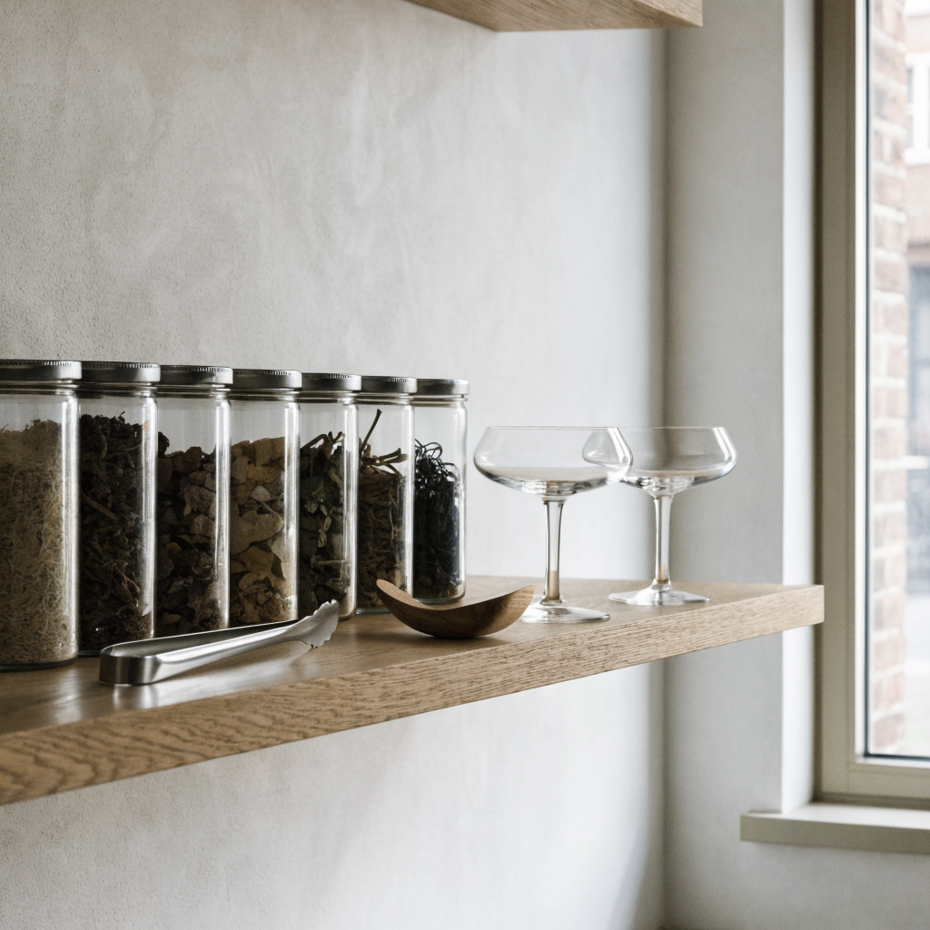 Voorraadpotten met gedroogde garnering op een houten wandplank - Glazen.nl