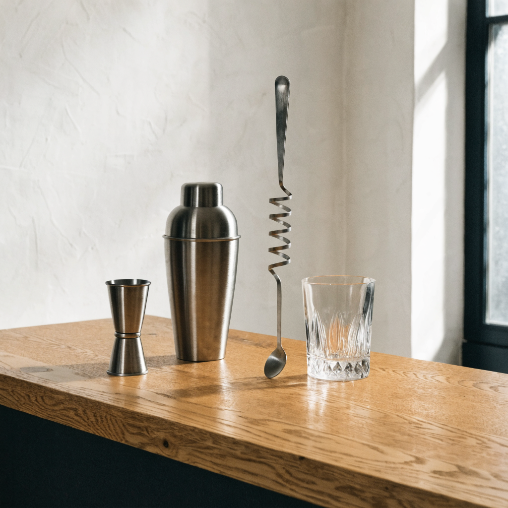 Jigger, shaker, barlepel en mengglas in dezelfde afwerking - Glazen.nl