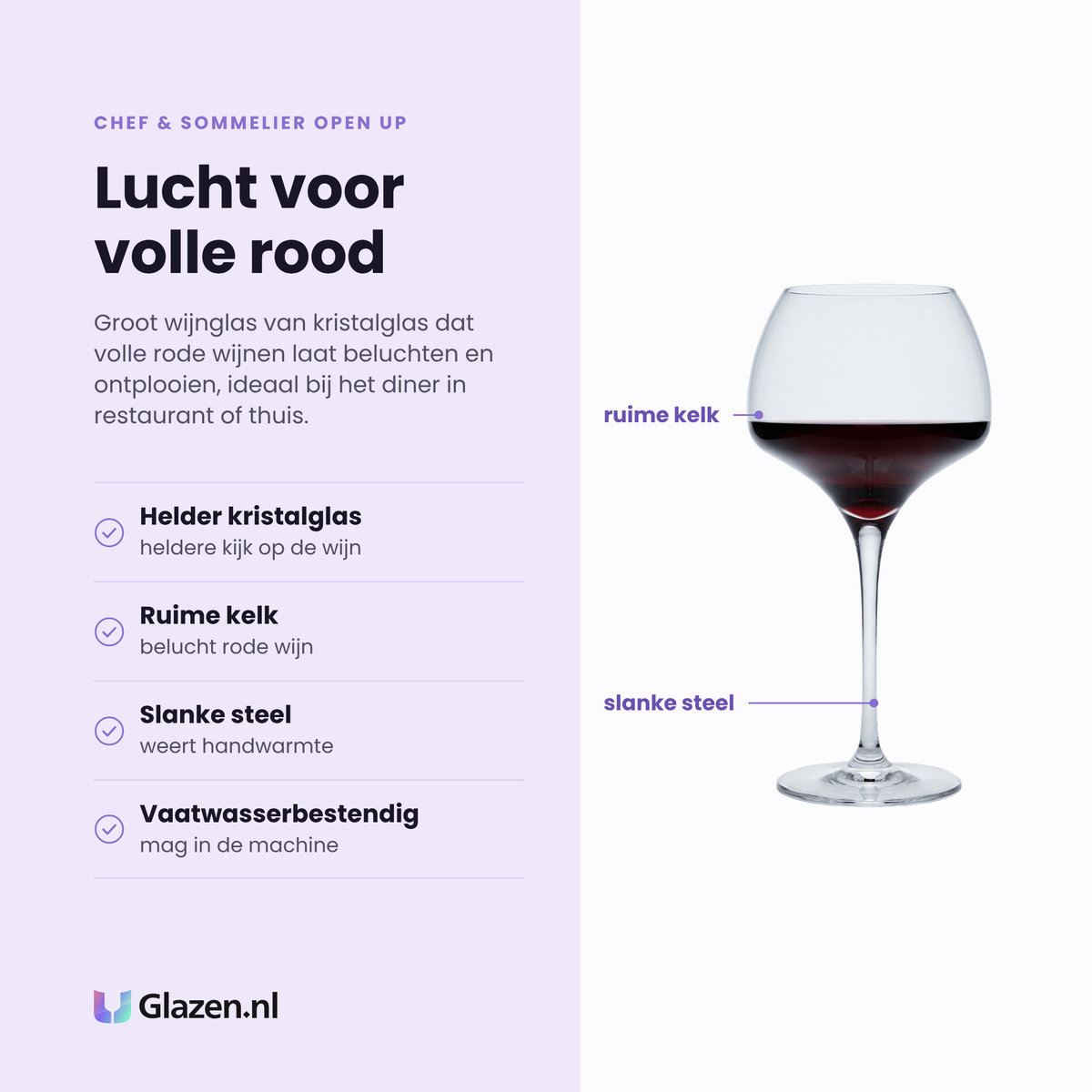Chef & Sommelier Open Up wijnglas 55 cl eigenschappen: helder kristalglas, ruime kelk belucht rode wijn, slanke steel, vaatwasserbestendig