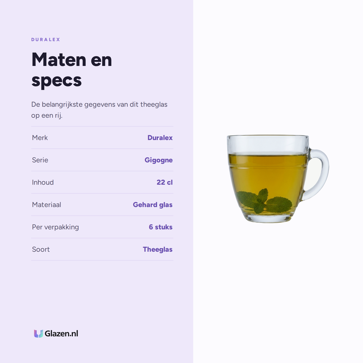 Duralex Gigogne Theeglas 22 cl maten en specs