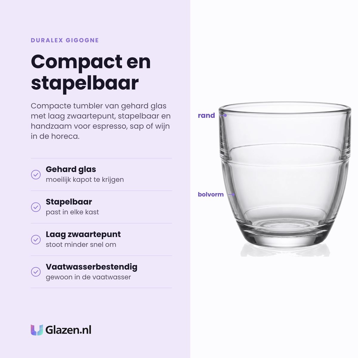 Duralex Gigogne tumbler 16 cl eigenschappen: gehard glas, stapelbaar, laag zwaartepunt, vaatwasserbestendig