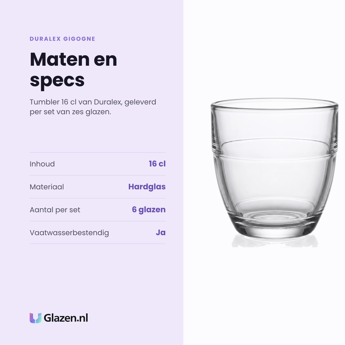 Duralex Gigogne tumbler 16 cl specificaties: inhoud 16 cl, hardglas, set van 6