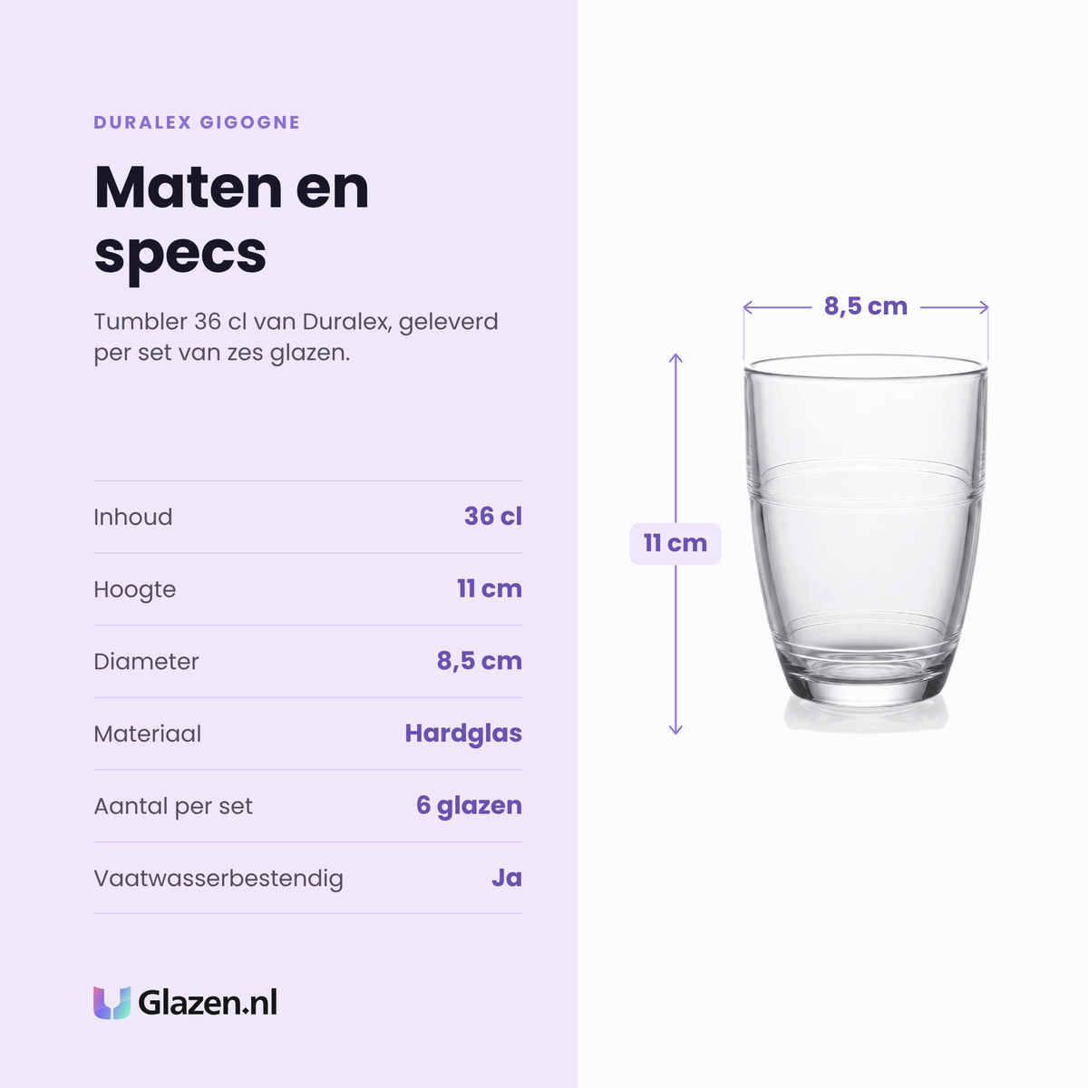 Duralex Gigogne tumbler 36 cl specificaties: inhoud 36 cl, hoogte 11 cm, diameter 8,5 cm, hardglas, set van 6