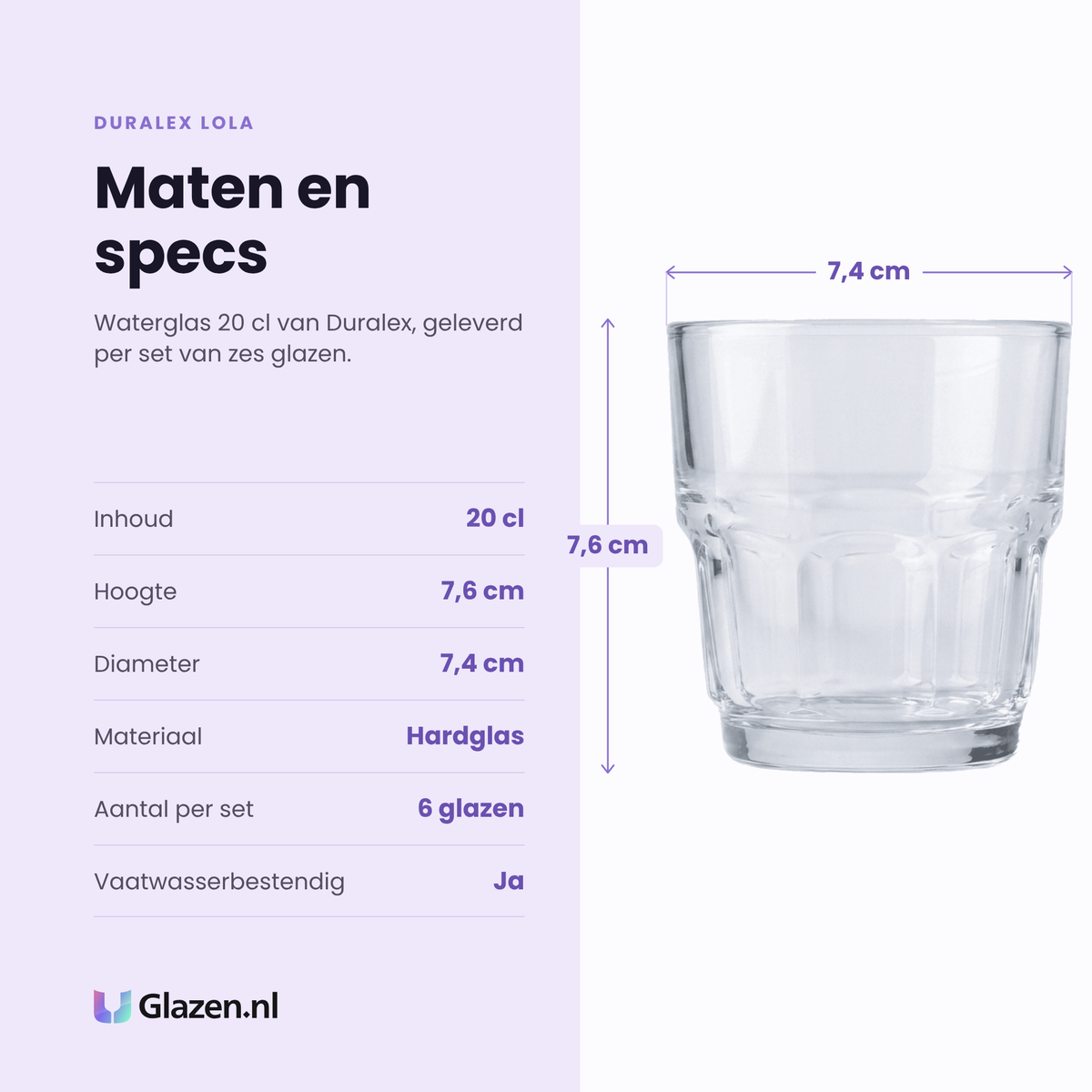 Duralex Lola tumbler 20 cl specificaties: inhoud 20 cl, hoogte 7,6 cm, diameter 7,4 cm, hardglas, set van 6