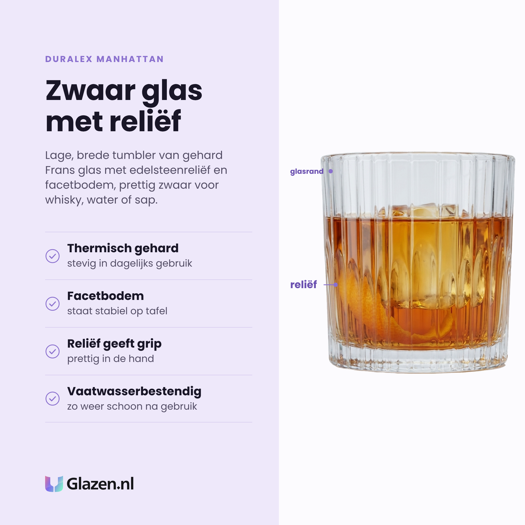 Duralex Manhattan tumbler 31 cl eigenschappen: thermisch gehard glas, facetbodem, reliëf geeft grip, vaatwasserbestendig