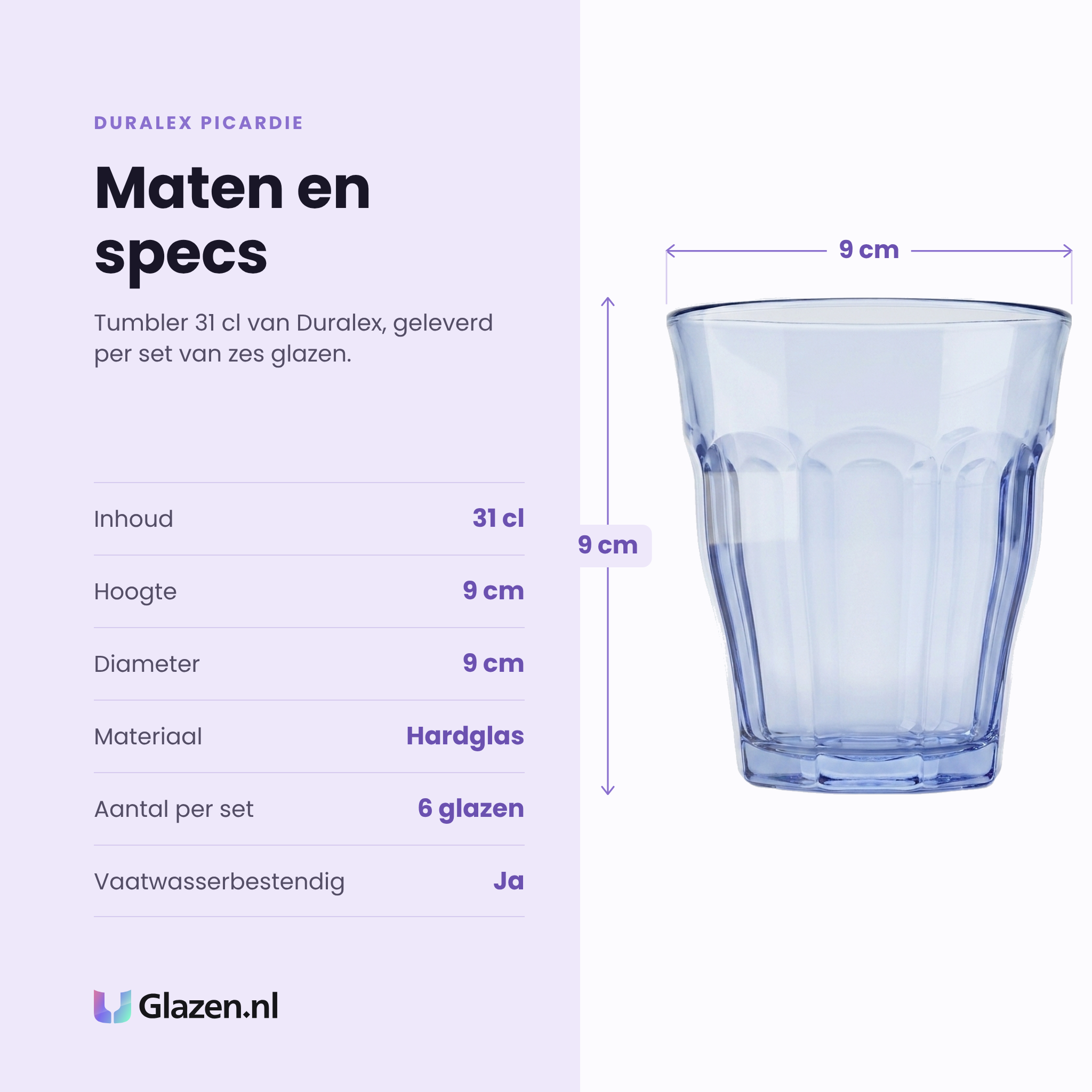 Duralex Picardie tumbler 31 cl marine specificaties: inhoud 31 cl, hoogte 9 cm, diameter 9 cm, hardglas, set van 6