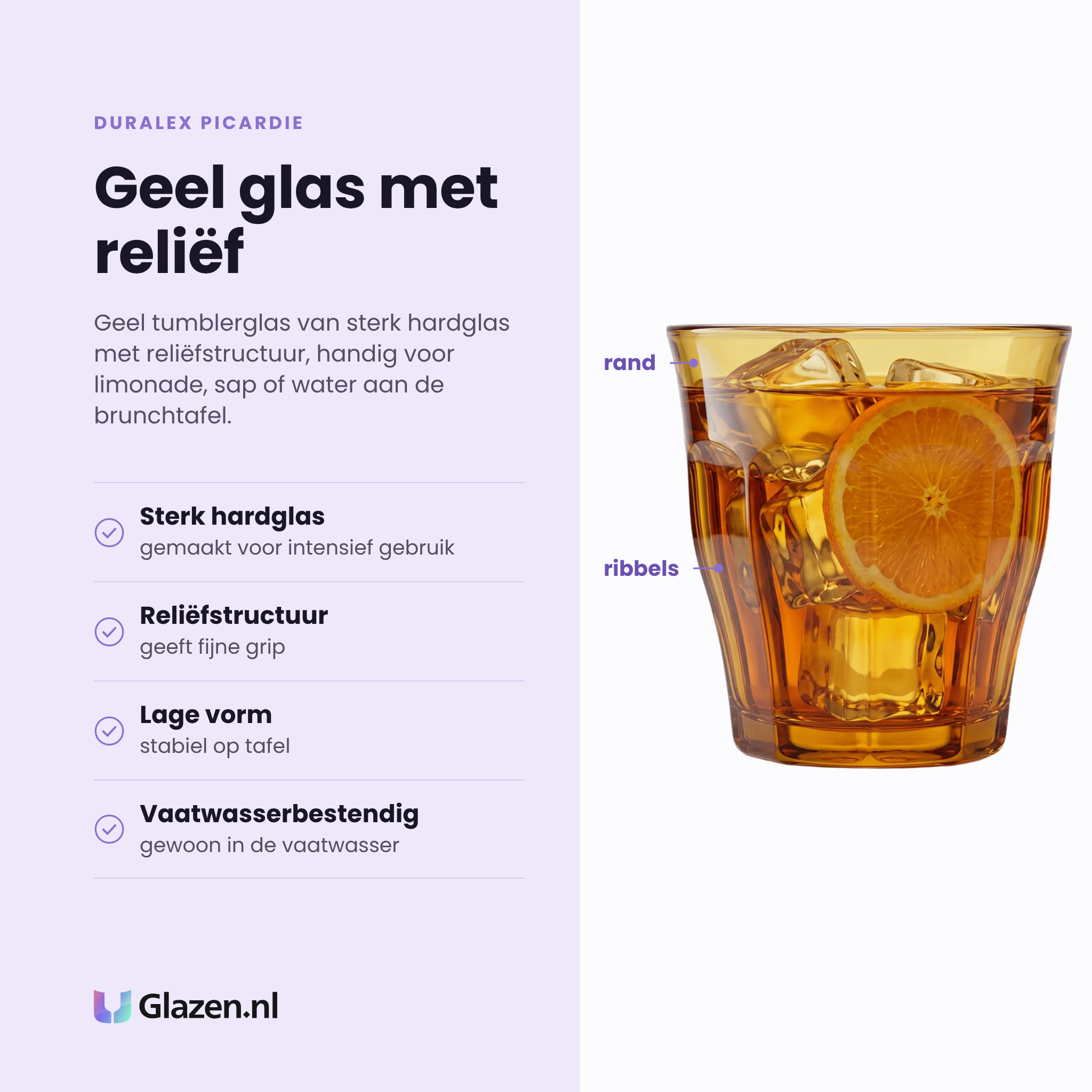 Duralex Picardie tumbler 25 cl geel eigenschappen: sterk hardglas, reliëfstructuur, lage stabiele vorm, vaatwasserbestendig