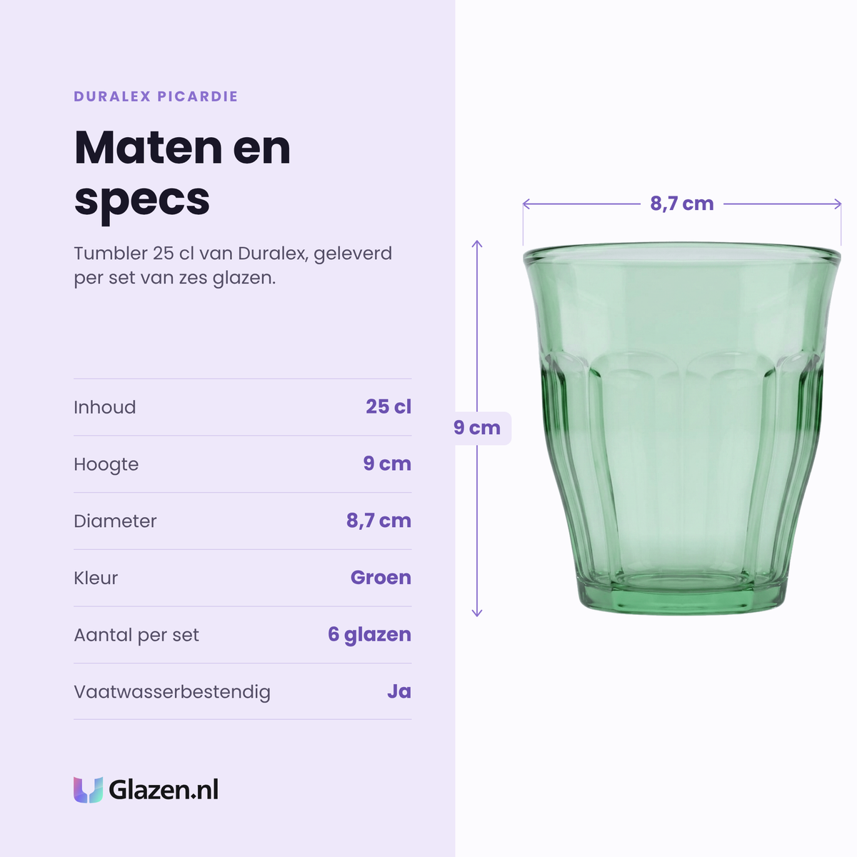 Duralex Picardie tumbler 25 cl groen specificaties: inhoud 25 cl, hoogte 9 cm, diameter 8,7 cm, groen glas, set van 6