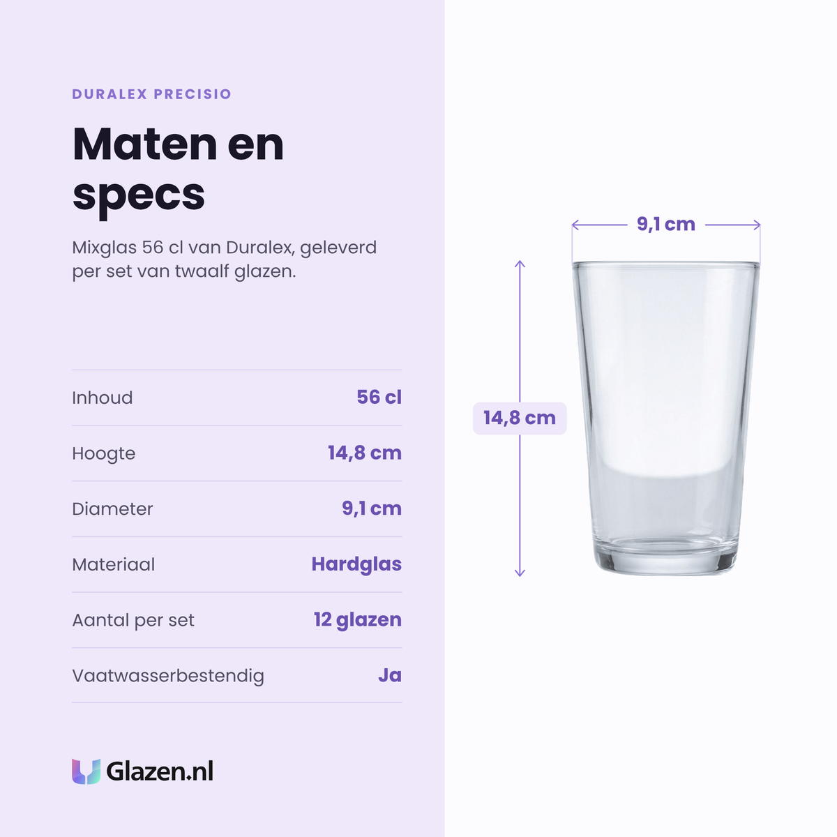 Duralex Precisio mixglas 56 cl specificaties: inhoud 56 cl, hoogte 14,8 cm, diameter 9,1 cm, hardglas, set van 12
