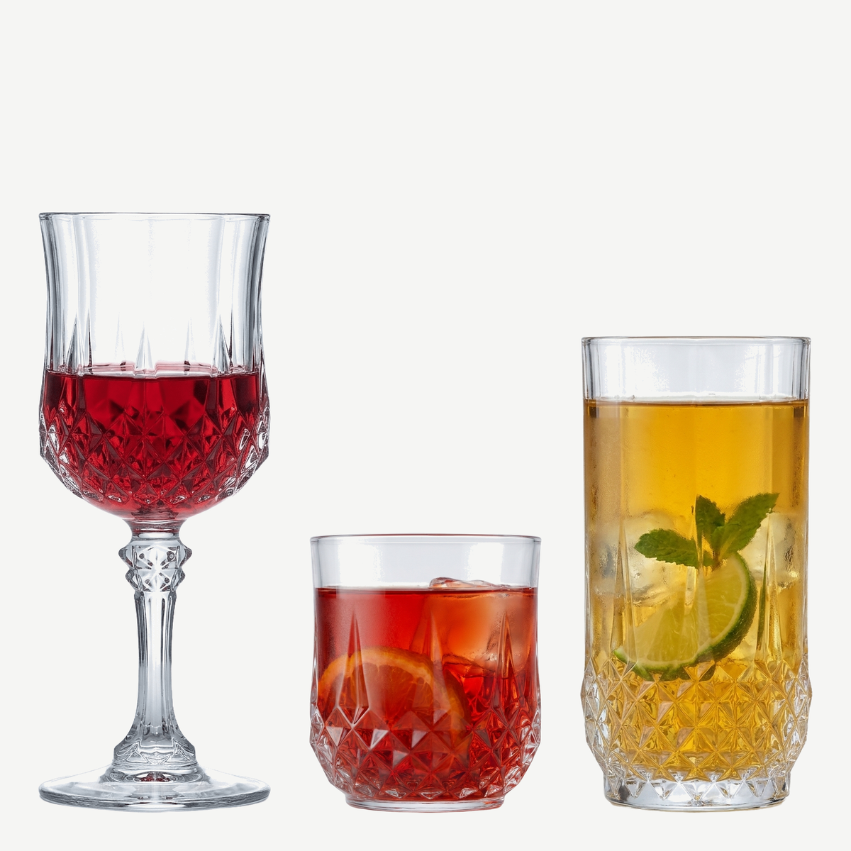 Eclat Longchamp glazenset met wijnglas, tumbler en longdrinkglas gevuld