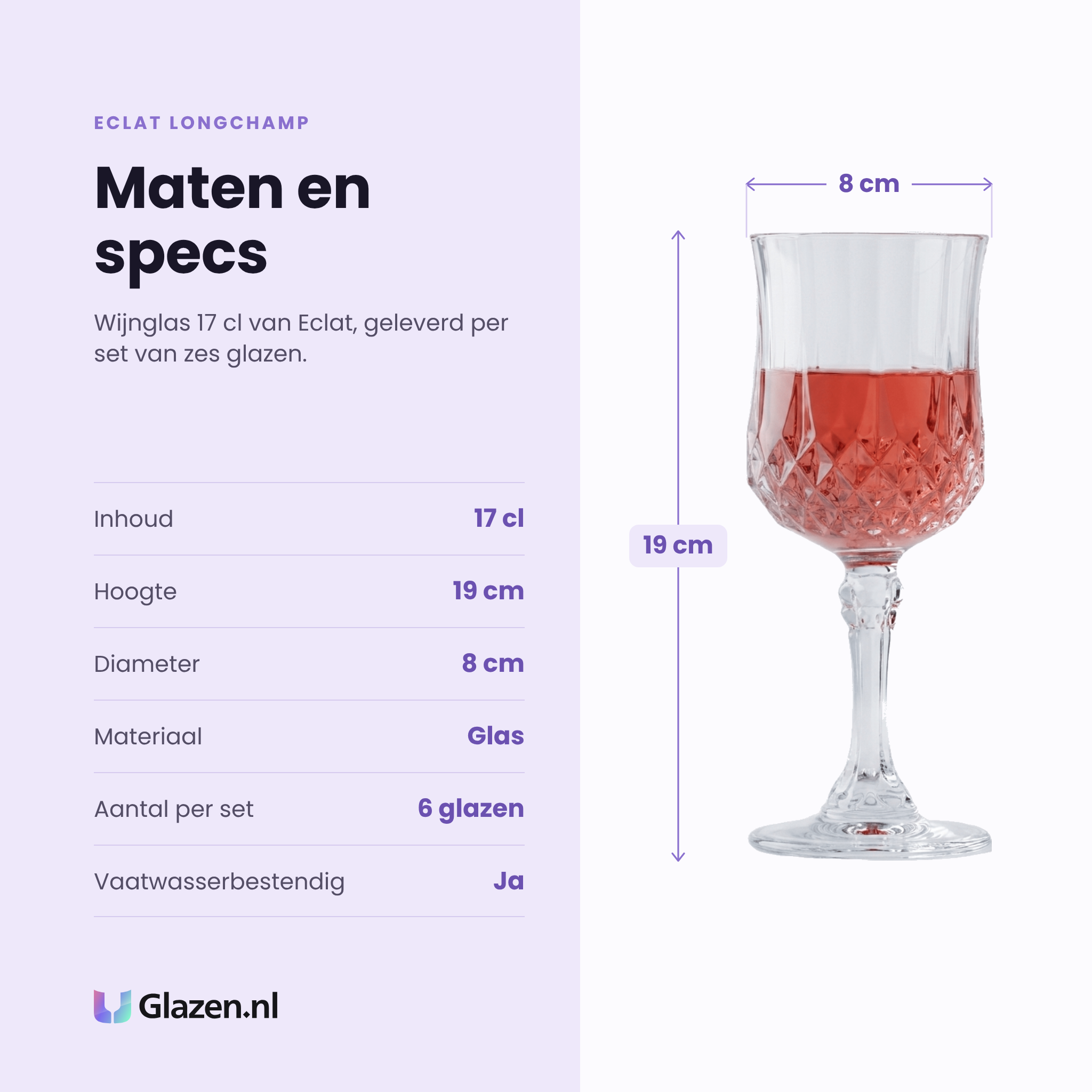 Eclat Longchamp wijnglas 17 cl specificaties: inhoud 17 cl, hoogte 19 cm, diameter 8 cm, glas, set van 6