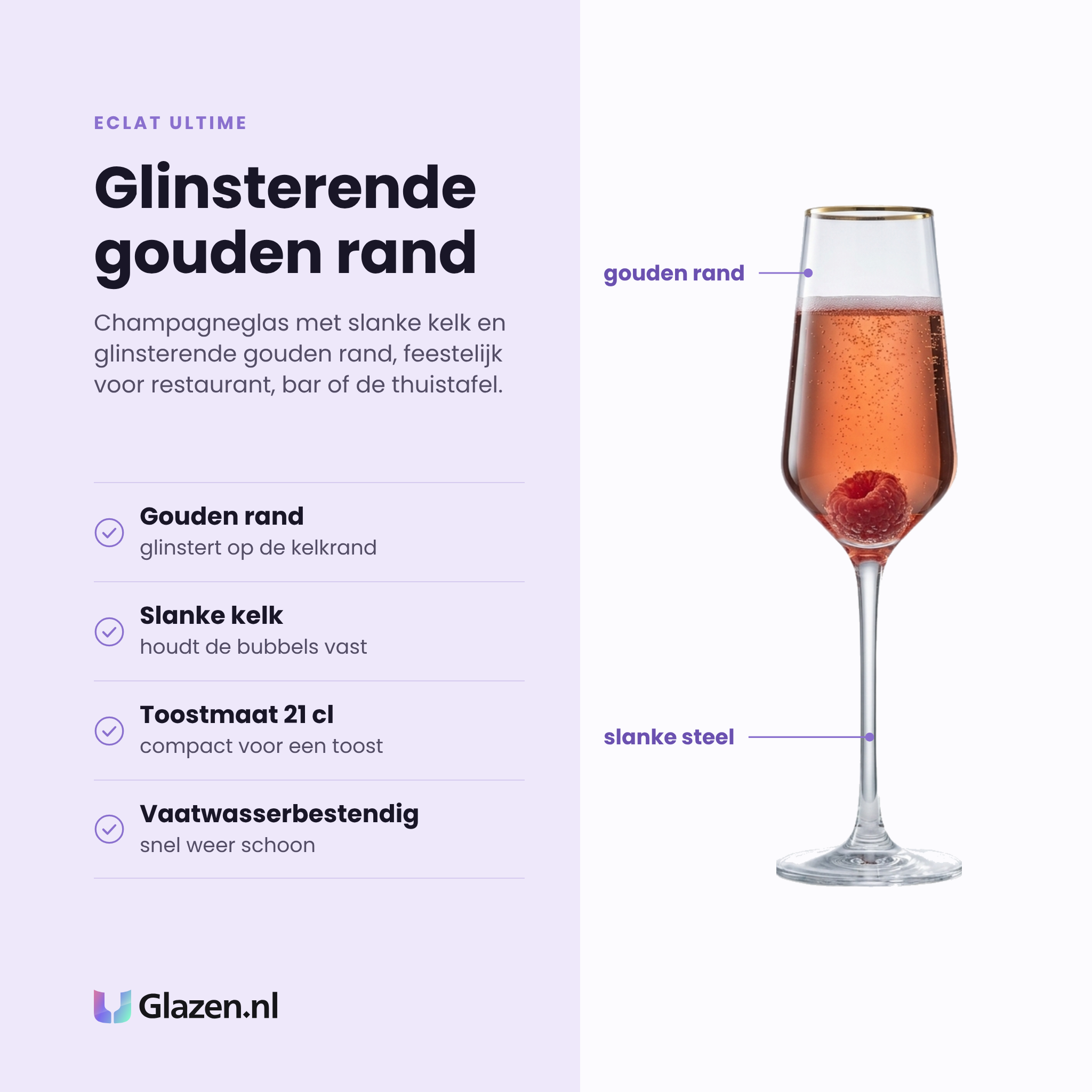 Eclat Ultime champagneglas 21 cl eigenschappen: glinsterende gouden rand, slanke kelk voor bubbels, compacte toostmaat, vaatwasserbestendig