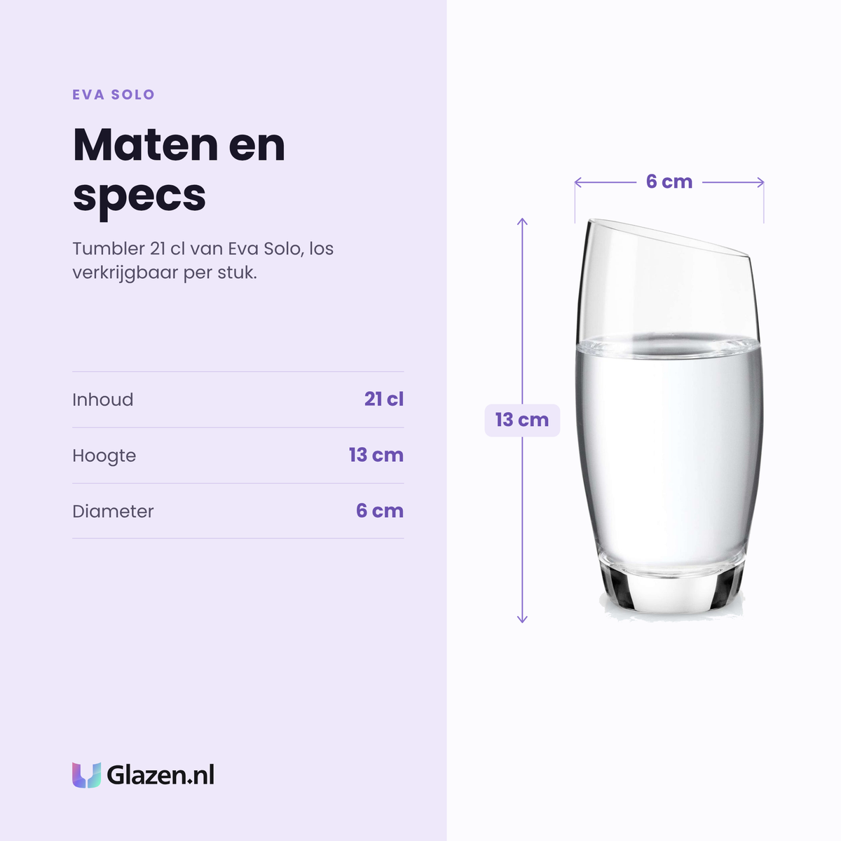 Eva Solo tumbler 21 cl specificaties: inhoud 21 cl, hoogte 13 cm, diameter 6 cm, los verkrijgbaar per stuk
