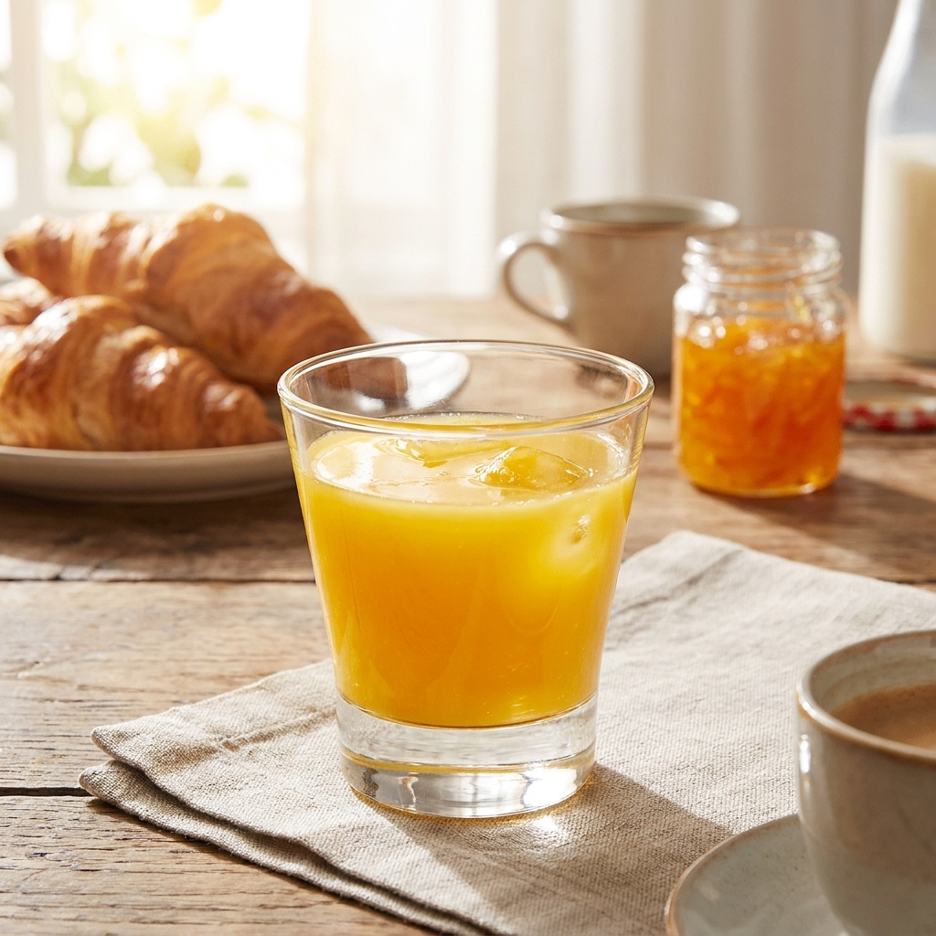 Arcoroc Shetland tumbler 25 cl met jus d'orange op ontbijttafel
