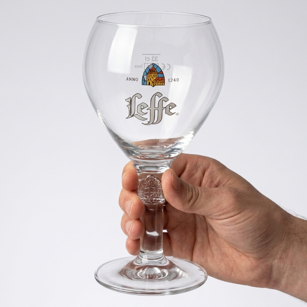 Leffe bierglas 33 cl in hand voor formaatindicatie