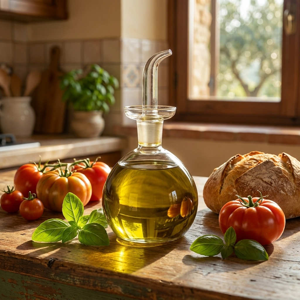 Luigi Bormioli Thermic oliefles 25 cl met olijfolie in mediterrane keuken met tomaten en basilicum