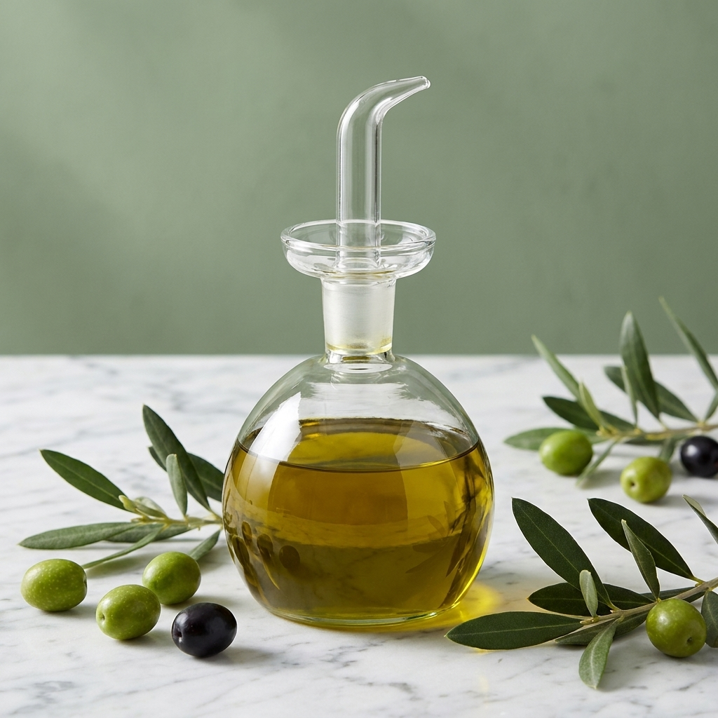 Luigi Bormioli Thermic oliefles 25 cl tegen saliegroene achtergrond met olijven