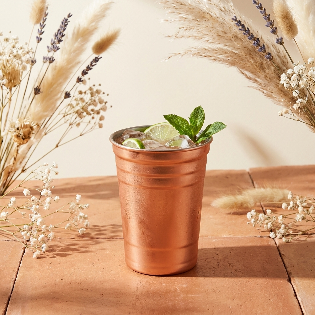 Speakeasy Drinking beker koper met cocktail tegen crème achtergrond met droogbloemen