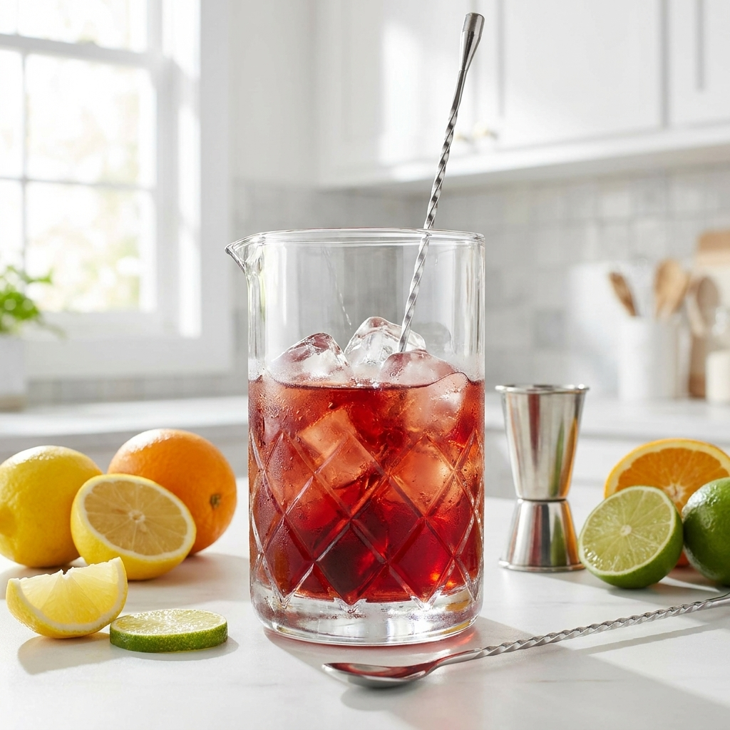 Speakeasy Yarai mixglas 55 cl met cocktail roeren op keukenblad