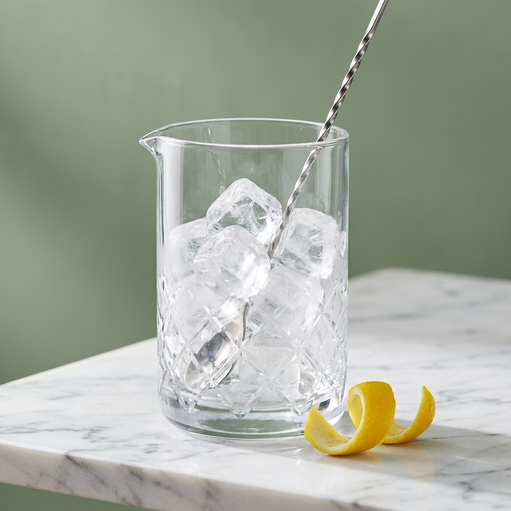 Speakeasy Yarai mixglas met ijs tegen saliegroene achtergrond