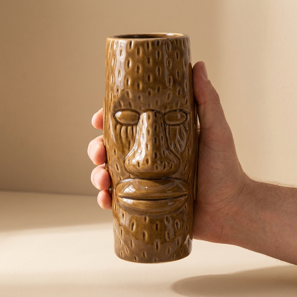 Tiki beker Easter Islander 45 cl in hand voor formaatindicatie