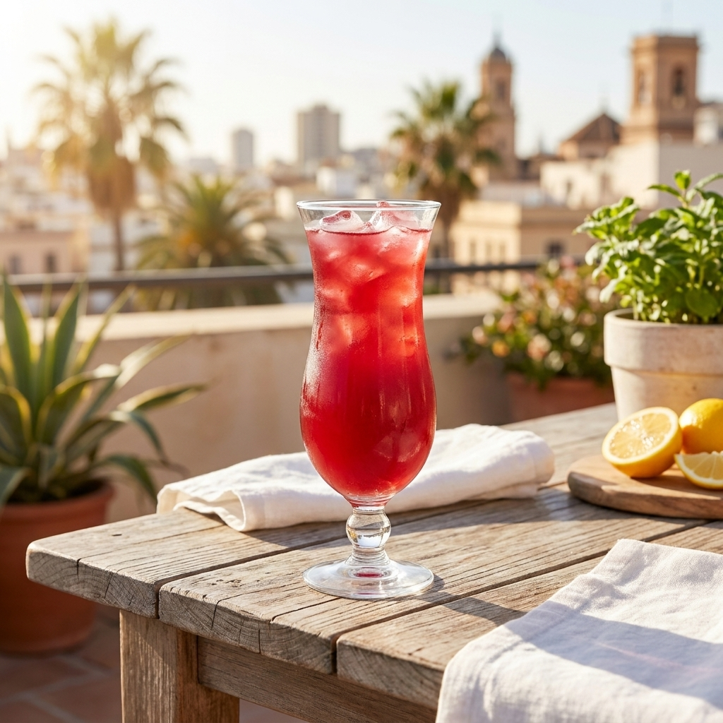 Hurricane cocktailglas met rode cocktail op een dakterras met de skyline op de achtergrond