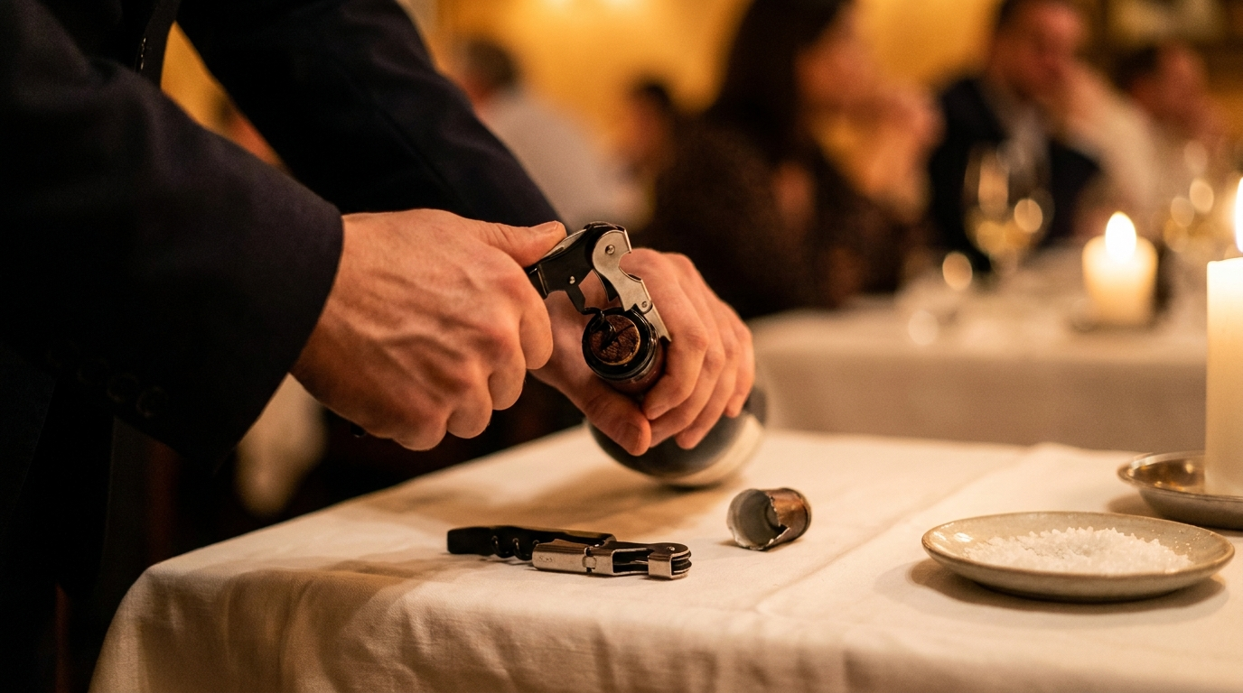 Sommelier trekt een kurk uit een wijnfles met een zwart kelnersmes aan tafel