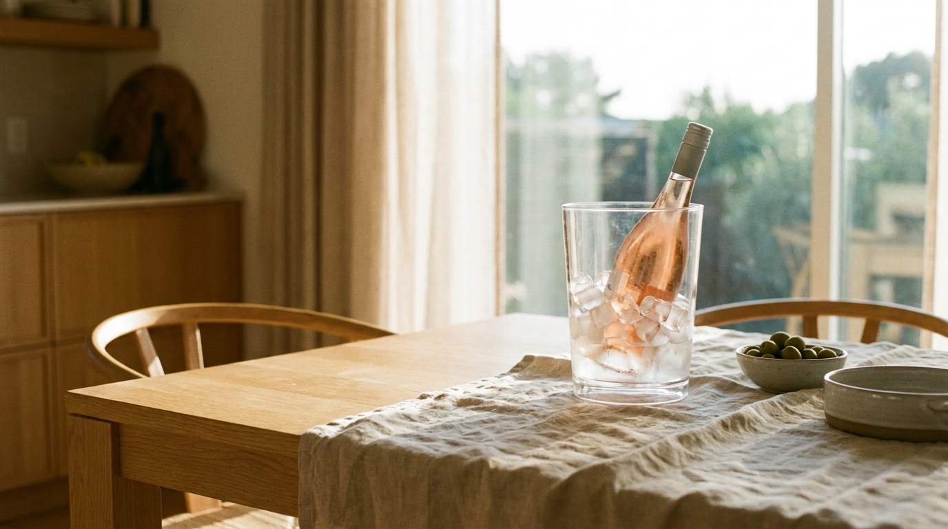 Transparante wijnkoeler met ijs en een fles rose op een eikenhouten eettafel thuis