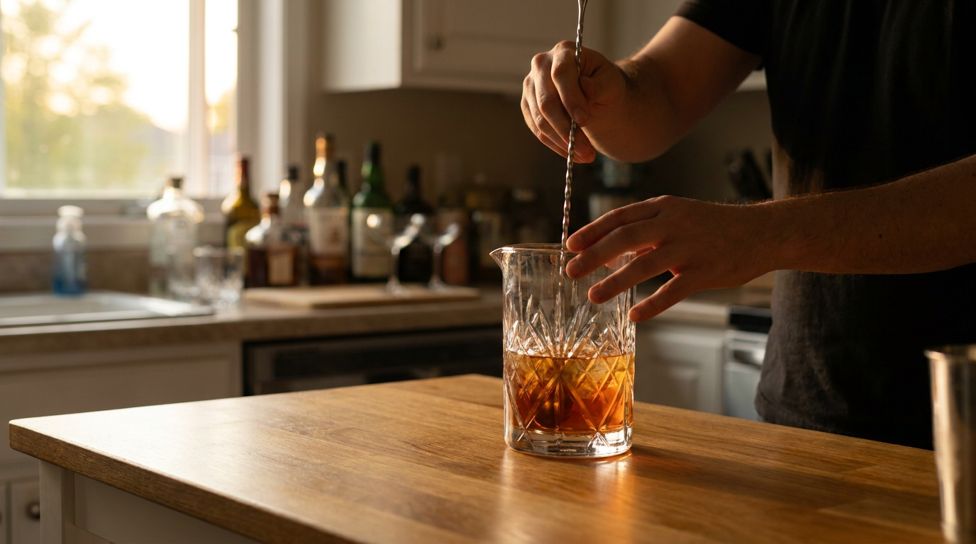 Cocktail roeren in een mengglas met een lange barlepel aan het keukeneiland