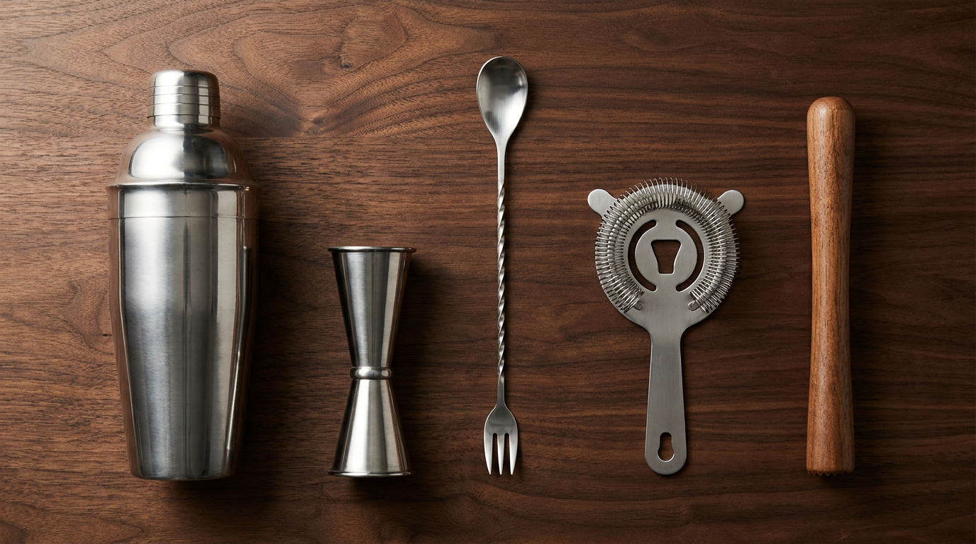 Complete set cocktail benodigdheden op een rij: shaker, jigger, barlepel, strainer en muddler
