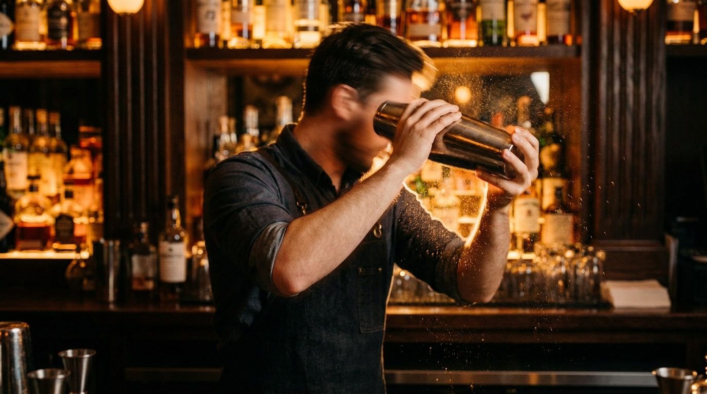 Bartender schudt een roestvrijstalen Boston shaker achter de cocktailbar