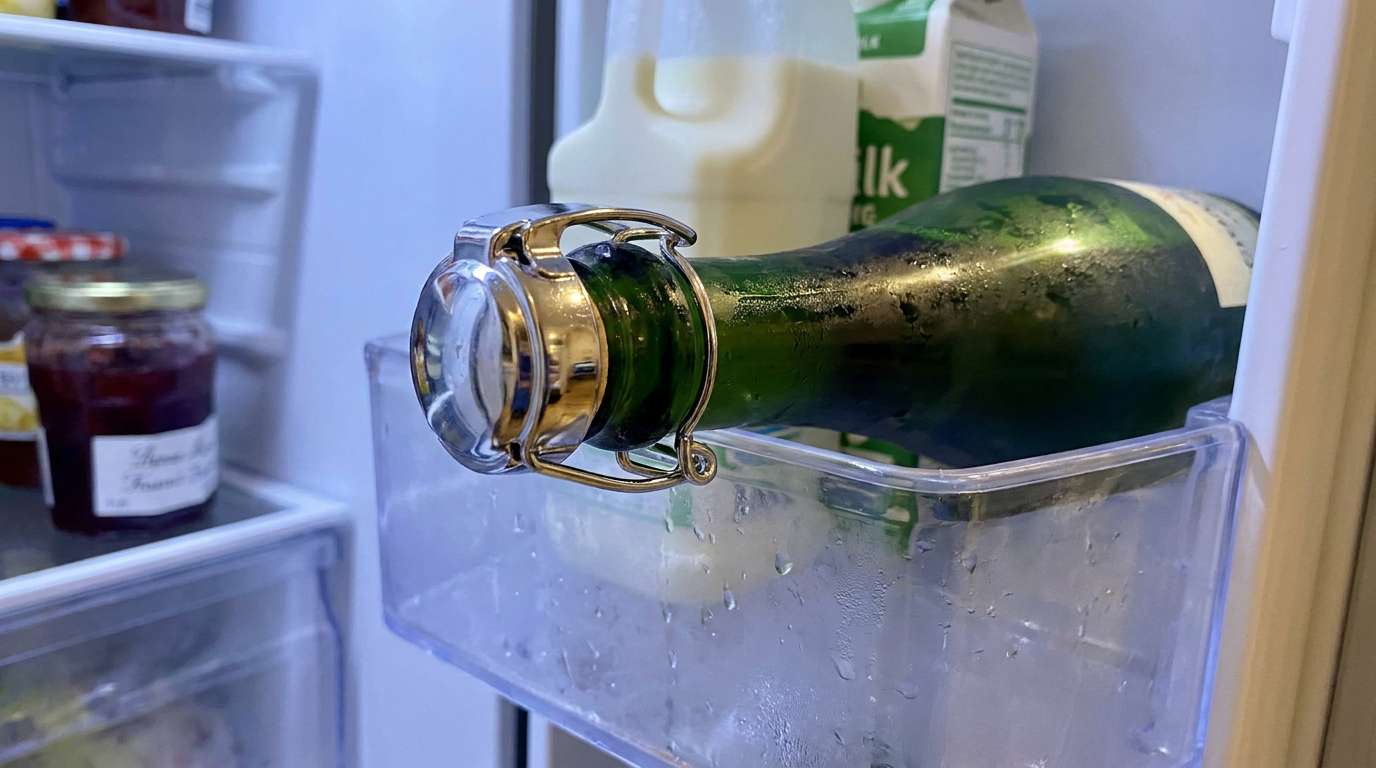 Chromen champagnestopper geklemd op de hals van een geopende fles in de koelkast