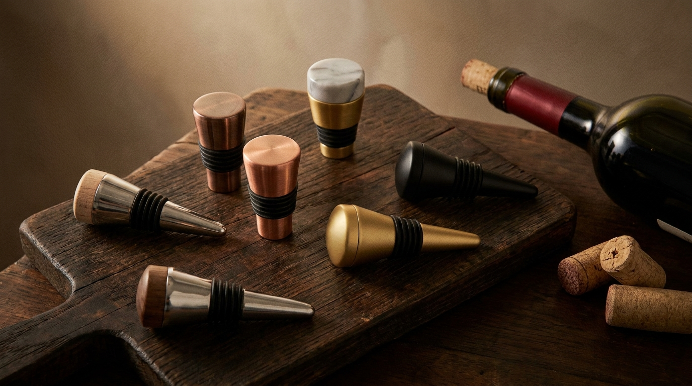 Set wijn- en champagnestoppers in RVS, koper, goud en zwart op een houten plank