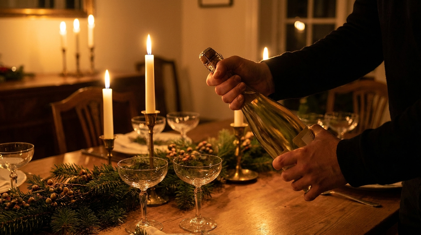 Champagnefles openen door de fles te draaien terwijl de kurk wordt vastgehouden
