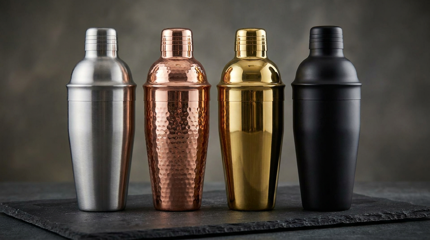 Vier cobbler shakers in RVS, koper, goud en zwart naast elkaar