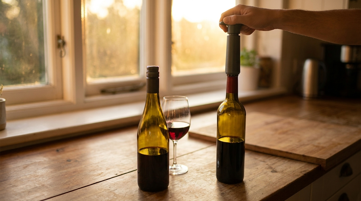 Handmatige wijnvacuumpomp op een fles rode wijn op het aanrecht